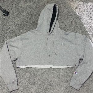 A grey crop top “Champion” Hoodie.